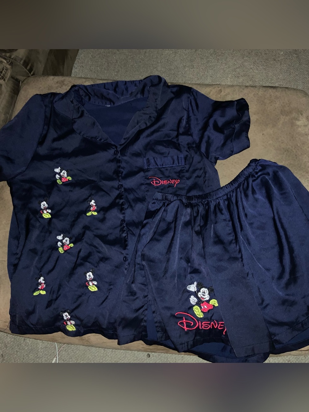 Disney Navy Silk Mickey Mouse Embroidered Short Pajama Set Size small